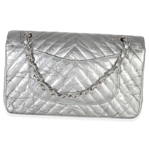 Chanel Silver Metallic Patent Crumpled Calfskin Chevron Medium Double Flap Bag Handbag bv