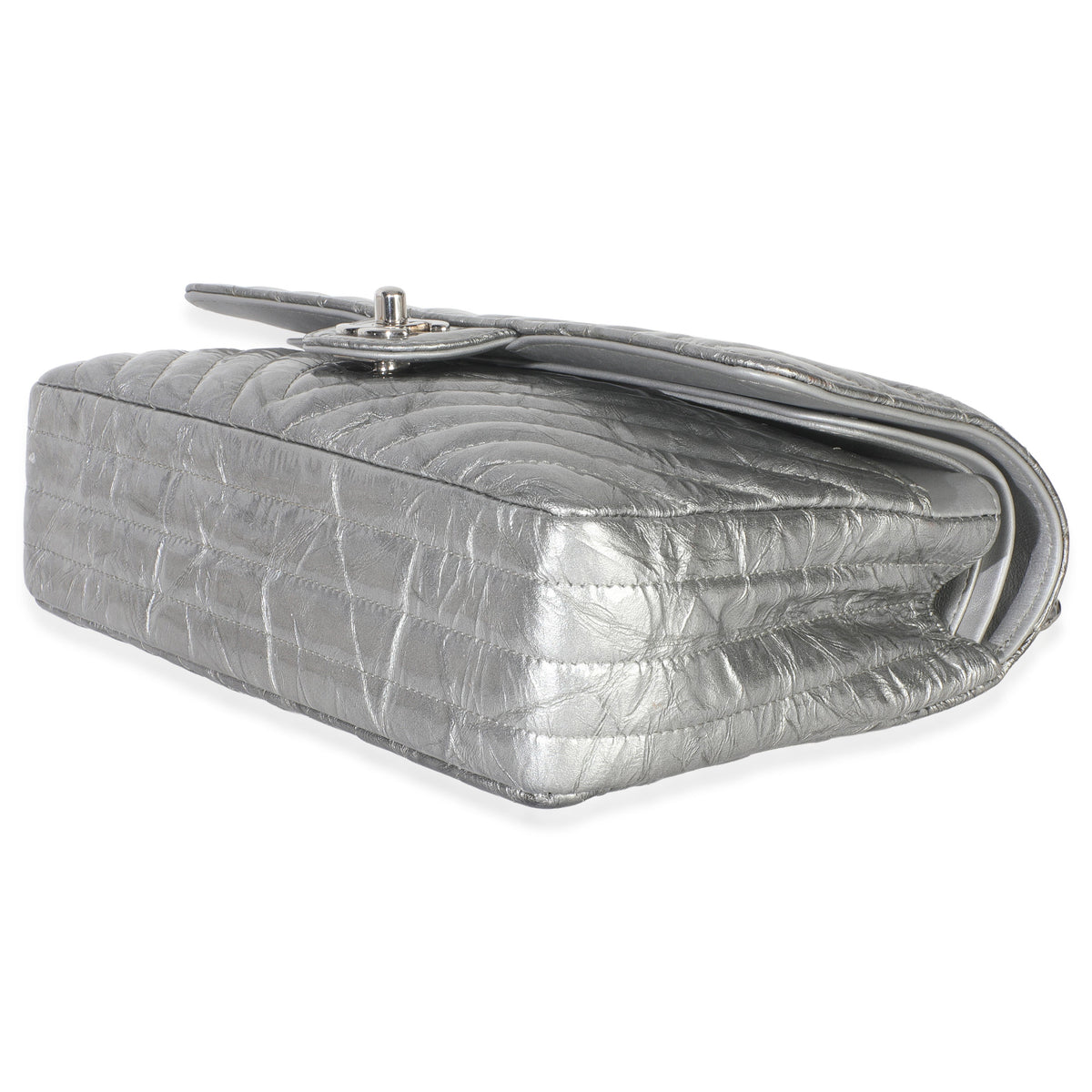 Chanel Silver Metallic Patent Crumpled Calfskin Chevron Medium Double Flap Bag Handbag clasp