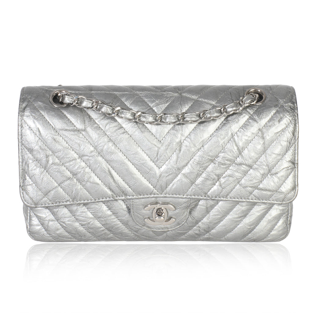 Chanel Silver Metallic Patent Crumpled Calfskin Chevron Medium Double Flap Bag Handbag fv
