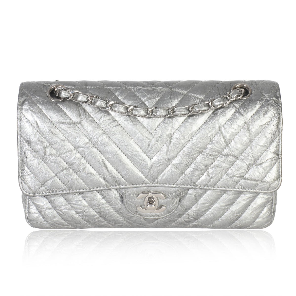 Chanel Silver Metallic Patent Crumpled Calfskin Chevron Medium Double Flap Bag Handbag fv