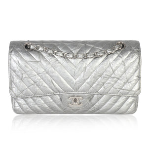 Chanel Silver Metallic Patent Crumpled Calfskin Chevron Medium Double Flap Bag Handbag fv