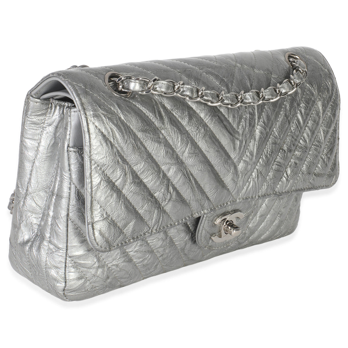 Chanel Silver Metallic Patent Crumpled Calfskin Chevron Medium Double Flap Bag Handbag pv