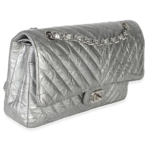 Chanel Silver Metallic Patent Crumpled Calfskin Chevron Medium Double Flap Bag Handbag pv