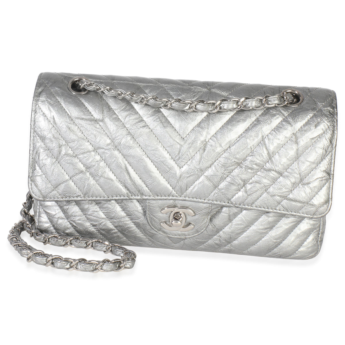 Chanel Silver Metallic Patent Crumpled Calfskin Chevron Medium Double Flap Bag Handbag stamp
