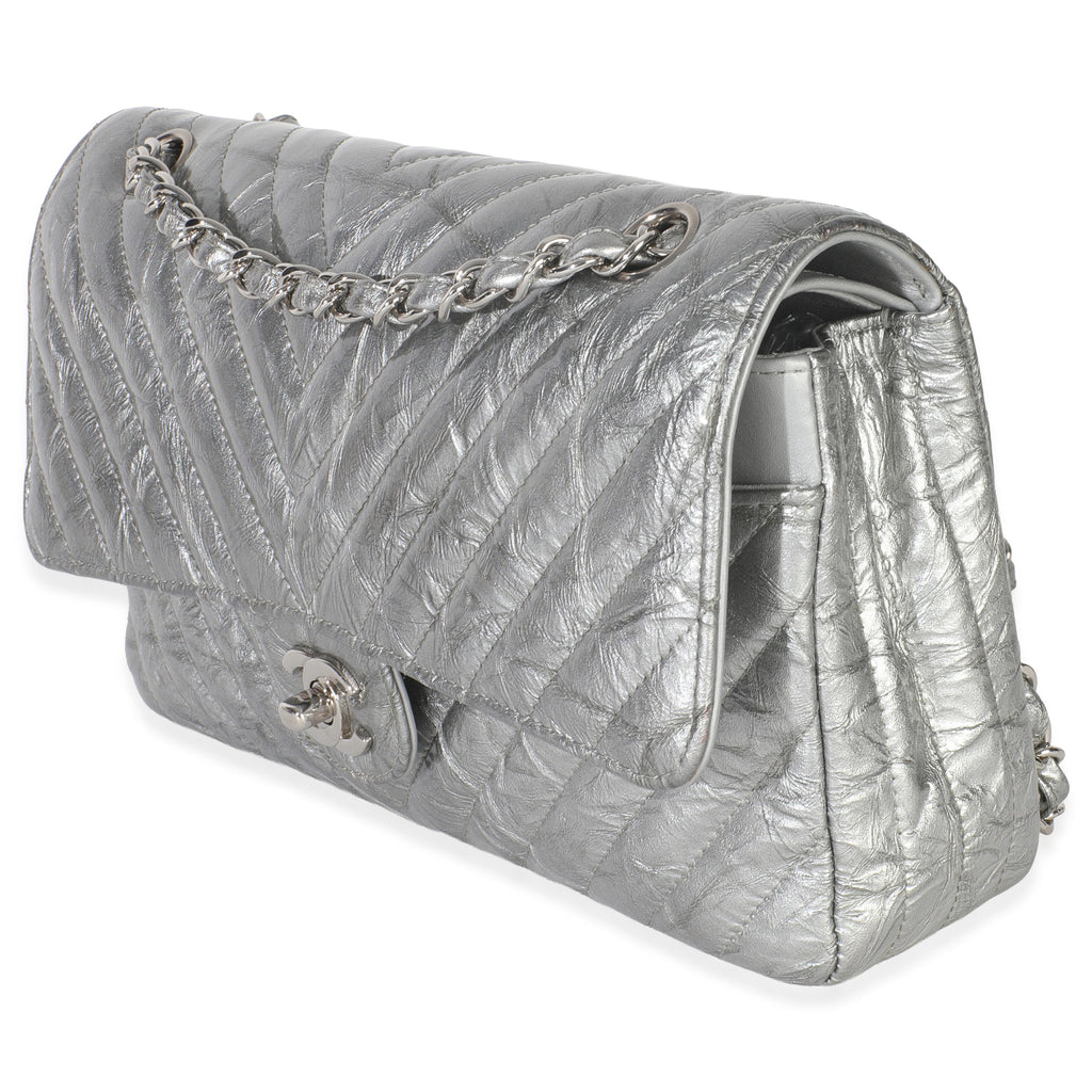 Chanel Silver Metallic Patent Crumpled Calfskin Chevron Medium Double Flap Bag Handbag sv
