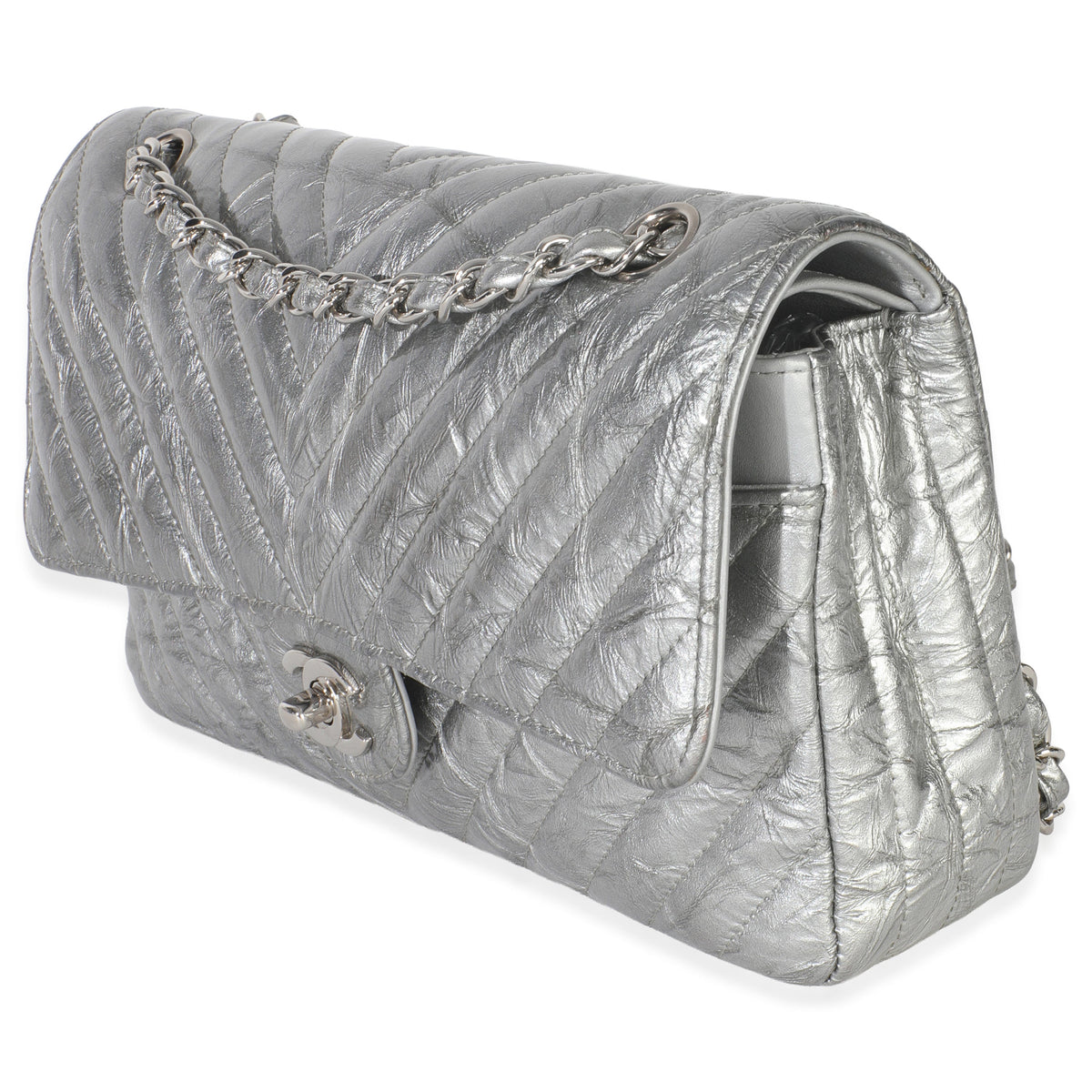 Chanel Silver Metallic Patent Crumpled Calfskin Chevron Medium Double Flap Bag Handbag sv