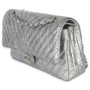 Chanel Silver Metallic Patent Crumpled Calfskin Chevron Medium Double Flap Bag Handbag sv