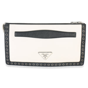 Prada White Black Saffiano Embroidered Eyelet Clutch Handbag bv