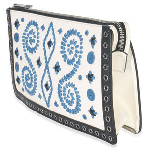 Prada White Black Saffiano Embroidered Eyelet Clutch Handbag sv