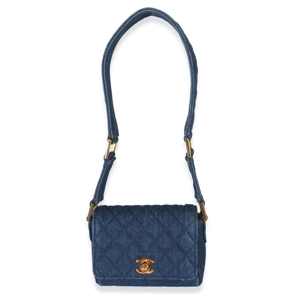 Chanel Vintage Blue Quilted Denim Mini Single Flap Bag Handbag fv