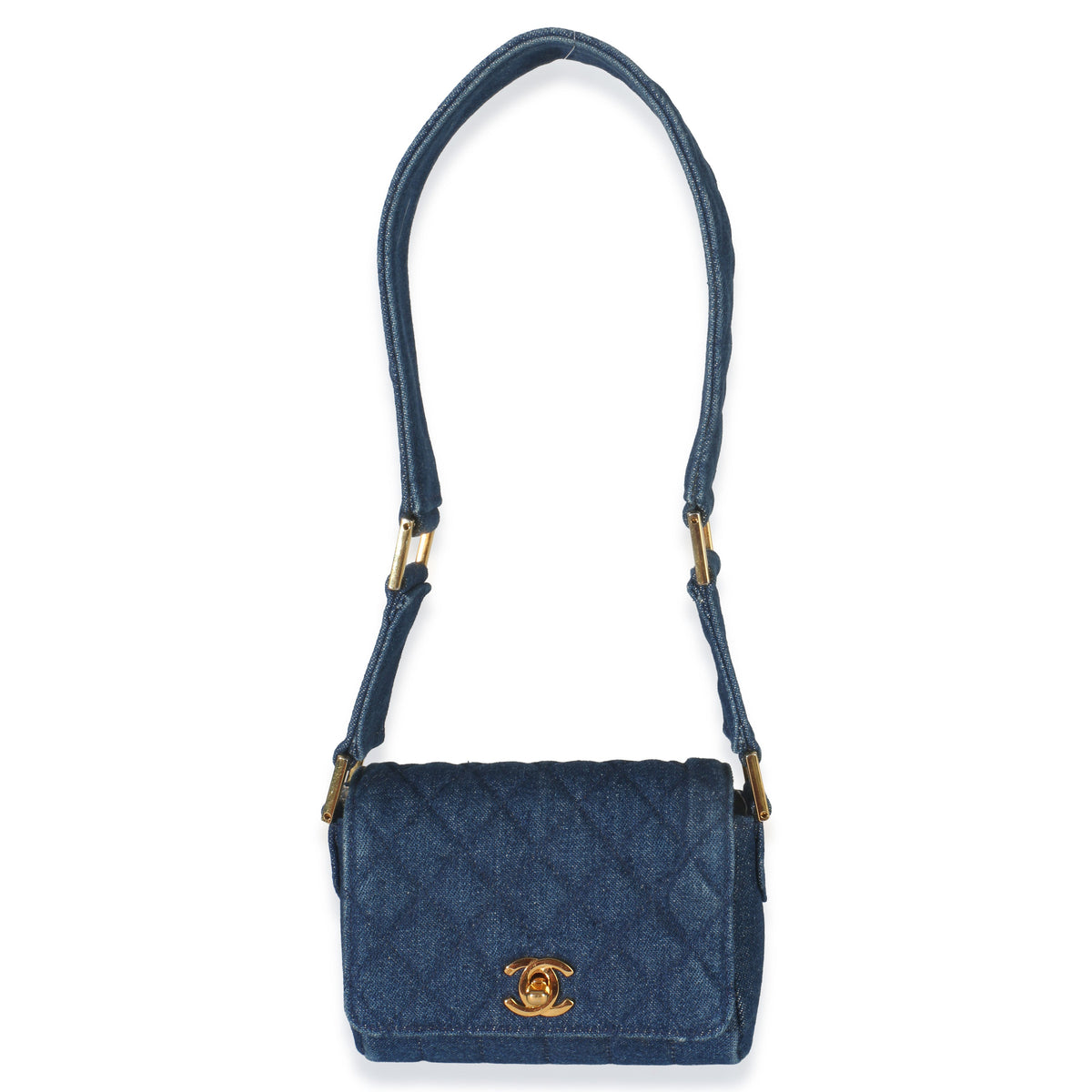 Chanel Vintage Blue Quilted Denim Mini Single Flap Bag Handbag fv