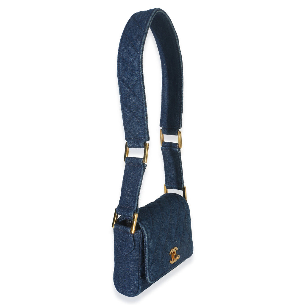 Chanel Vintage Blue Quilted Denim Mini Single Flap Bag Handbag pv