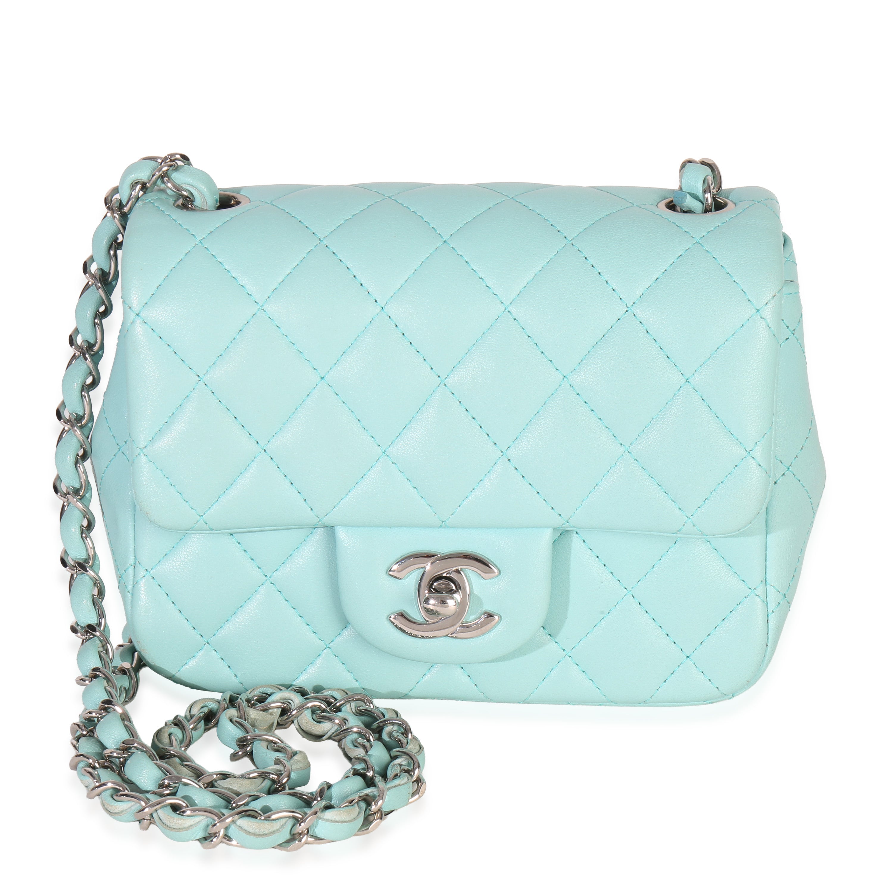 Chanel Blue Quilted Lambskin Mini Square Single Flap Bag Handbag fv