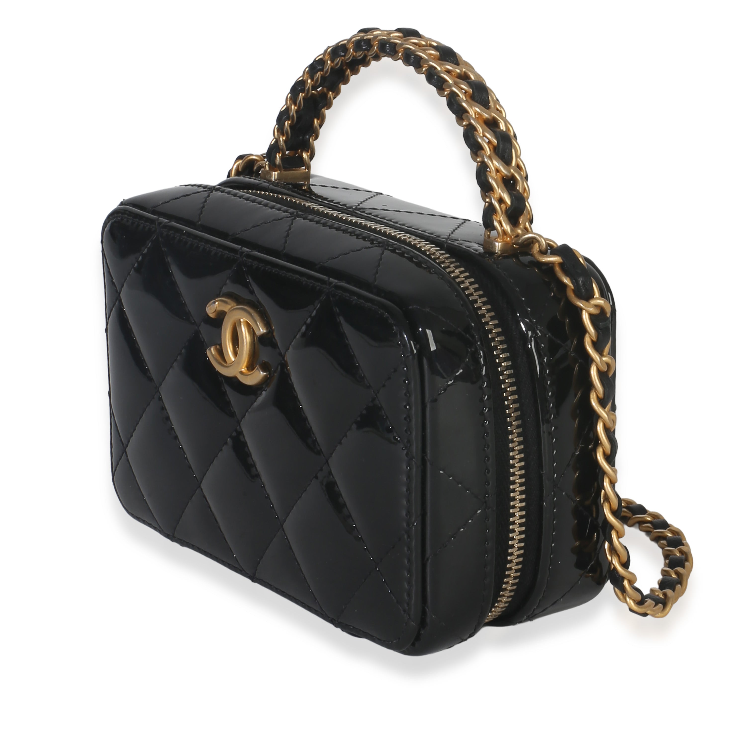 Chanel Black Quilted Patent Mini Vanity Chain Bag Handbag sv