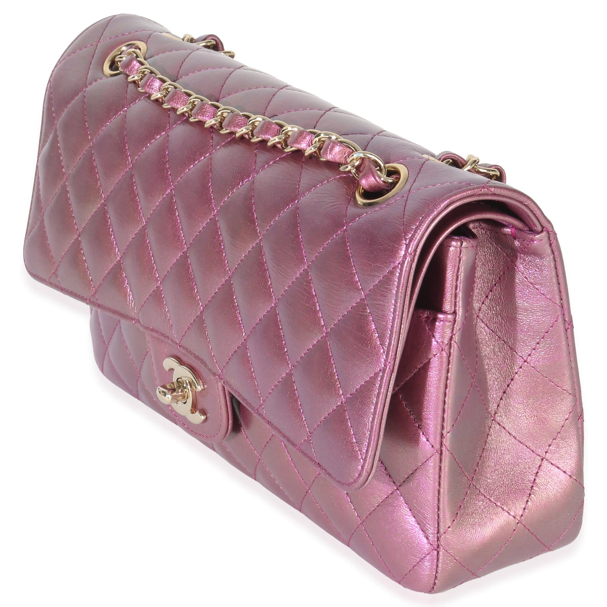 Chanel Dark Pink Iridescent Quilted Lambskin Medium Classic Double Flap Bag Handbag sv