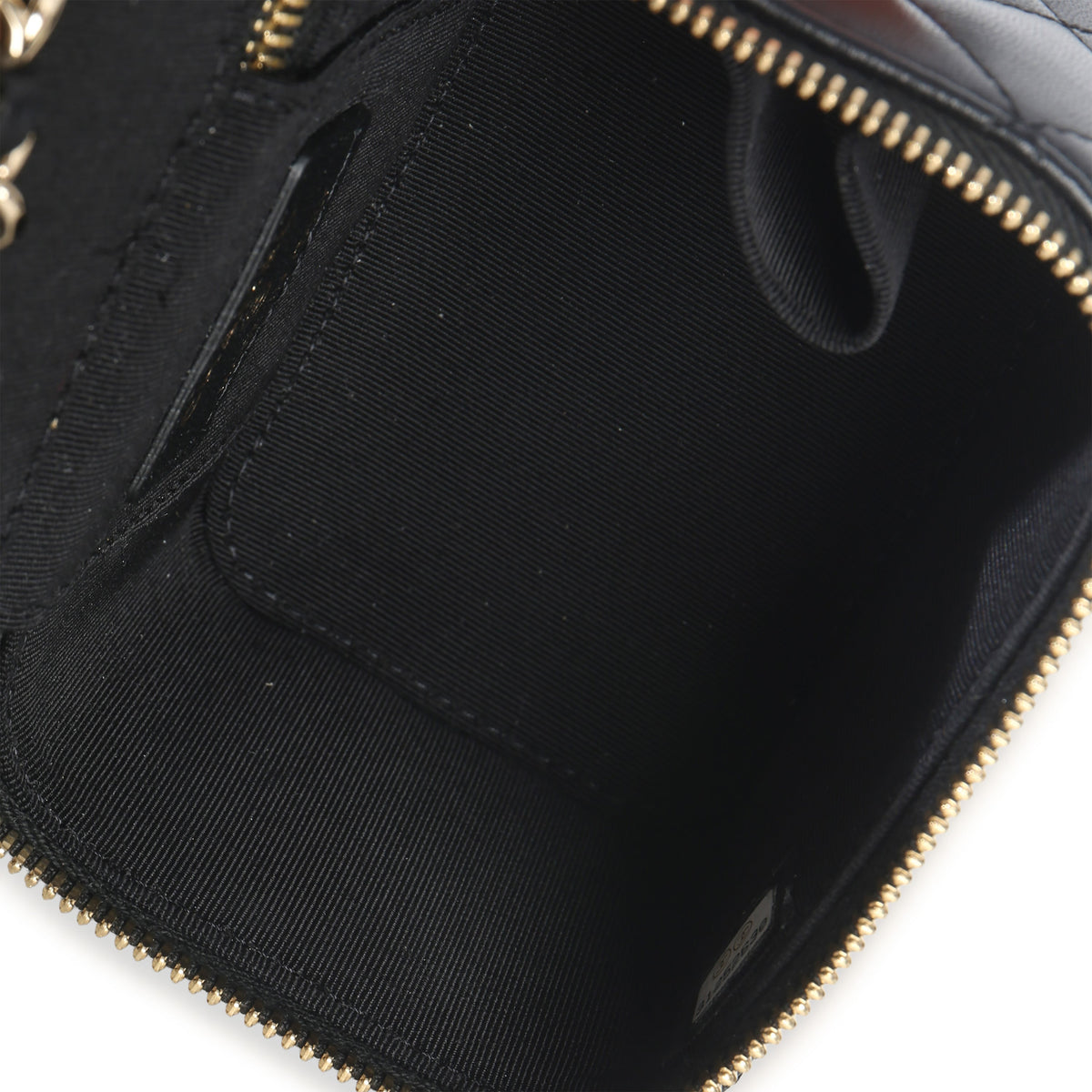 Chanel Black Quilted Lambskin Camelia Bow Chain Mini Vanity Case Handbag ad1