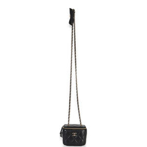 Chanel Black Quilted Lambskin Camelia Bow Chain Mini Vanity Case Handbag av