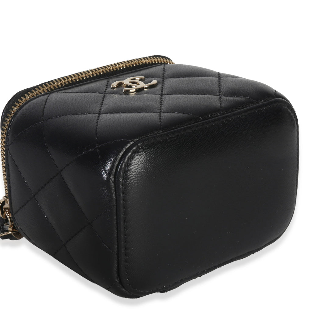Chanel Black Quilted Lambskin Camelia Bow Chain Mini Vanity Case Handbag clasp