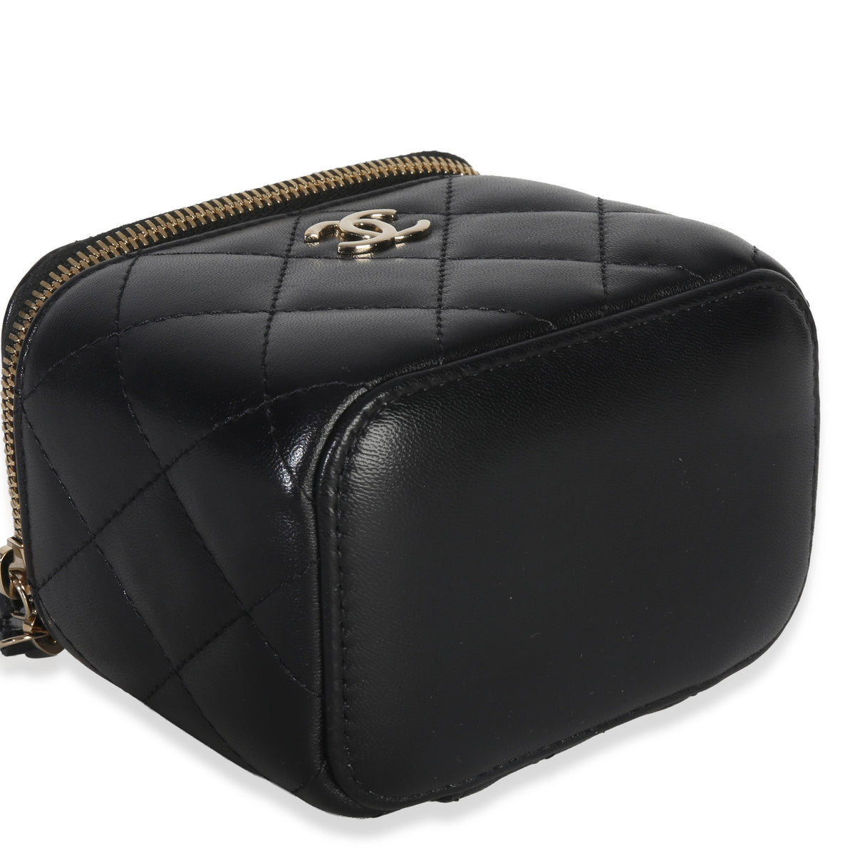 Chanel Black Quilted Lambskin Camelia Bow Chain Mini Vanity Case Handbag clasp