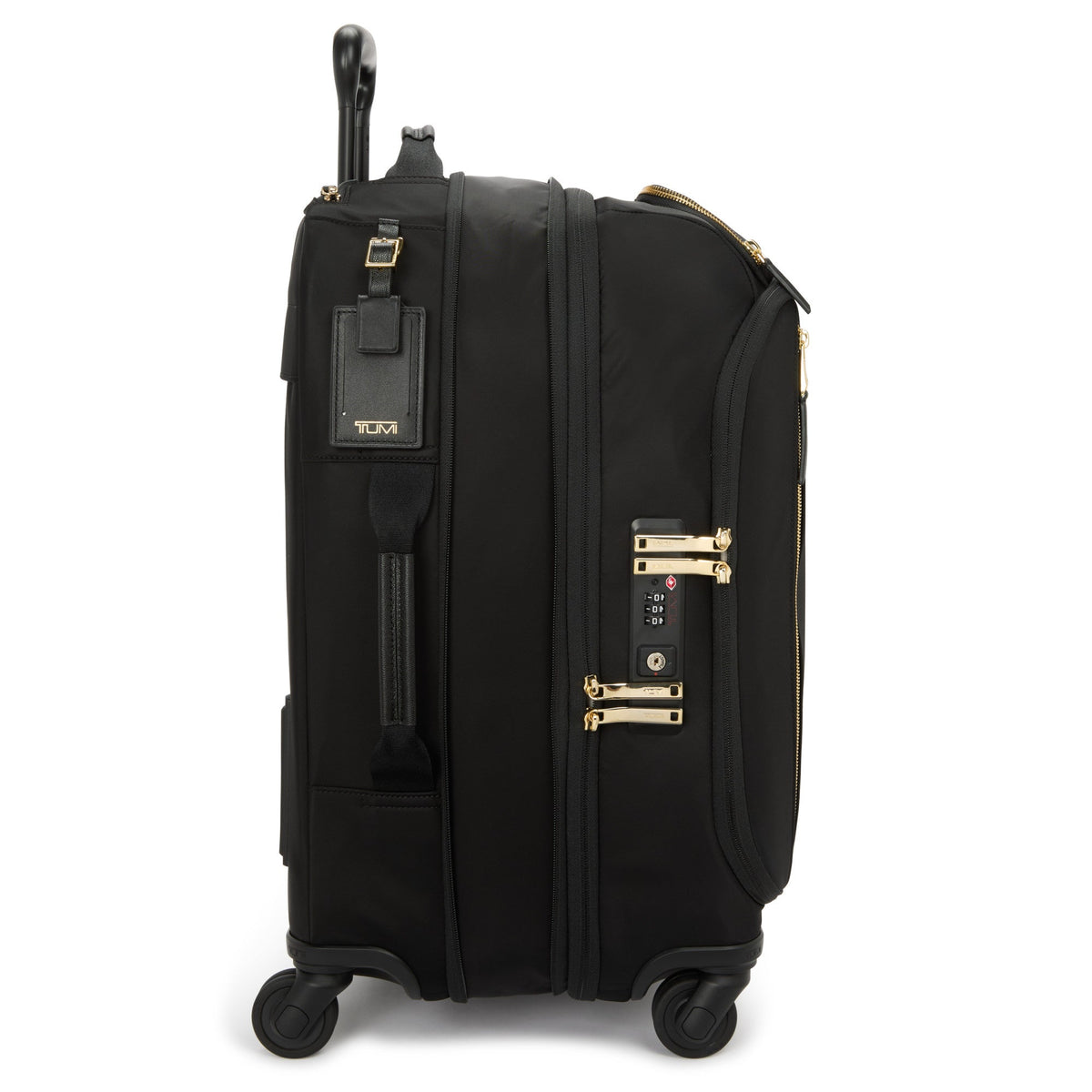 Front view of Voyageur Leger expandable softside carry-on with gold hardware, TSA lock, and four wheels on white