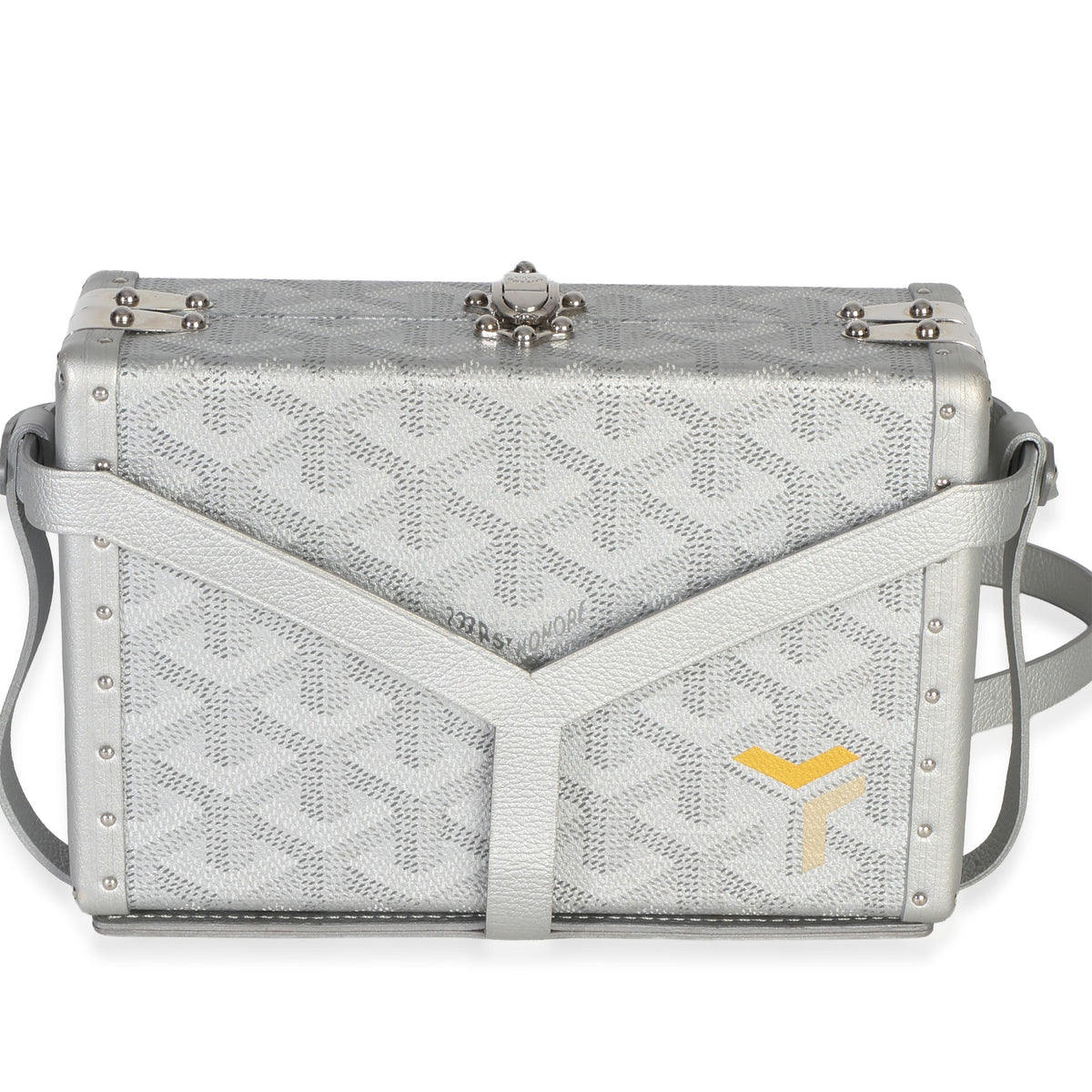 Front view of silver Goyardine Minaudière trunk bag with box shape, silver-tone hardware and shoulder strap on white background