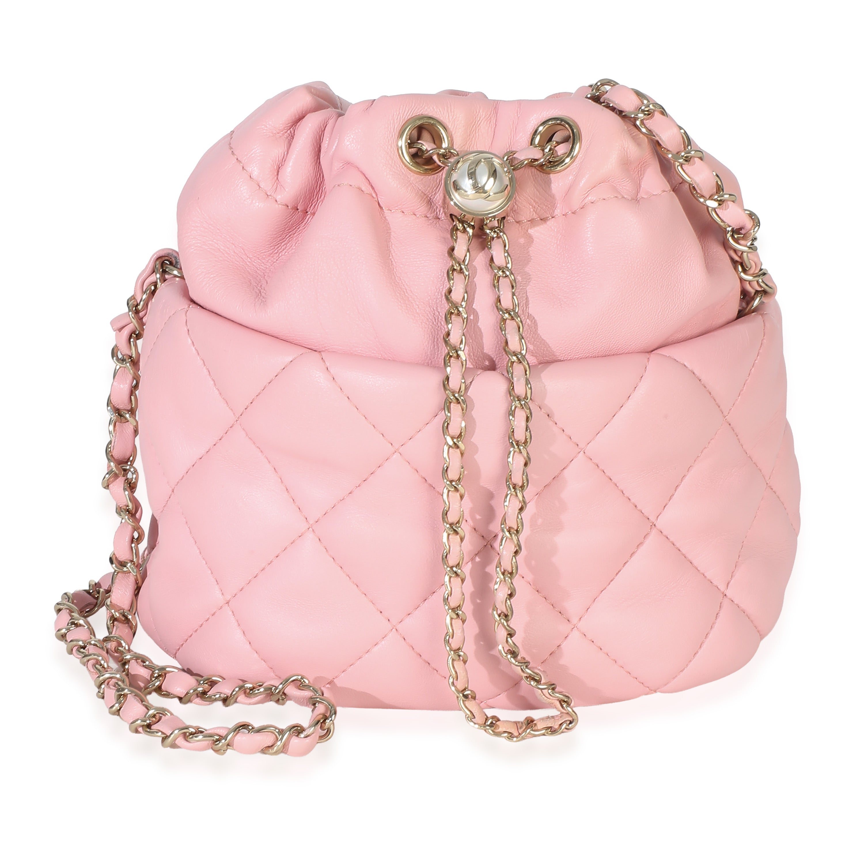 CHANEL ピンク キルティングバッグ Chanel Pink Quilted Lambskin Pearl Drawstring Bucket Bag | myGemma
