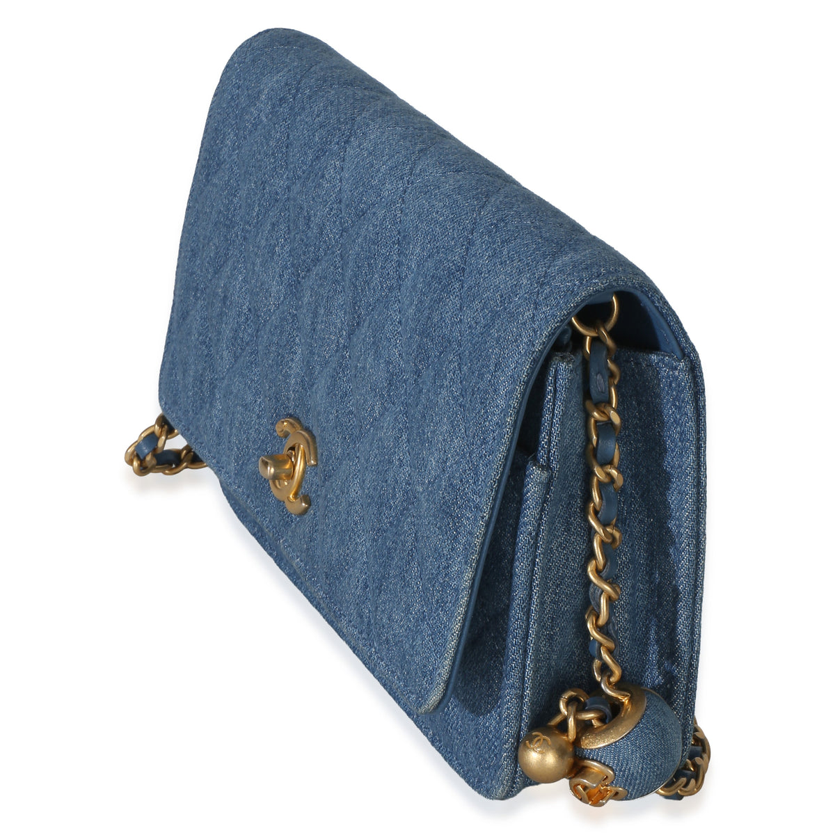 Chanel Blue Denim Quilted CC Pearl Crush Wallet On Chain Handbag 2