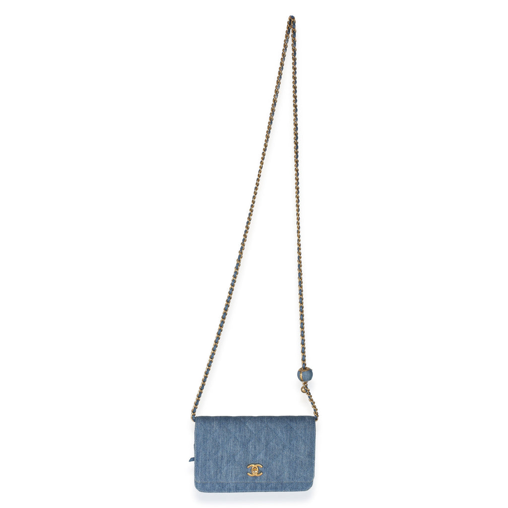 Chanel Blue Denim Quilted CC Pearl Crush Wallet On Chain Handbag 8