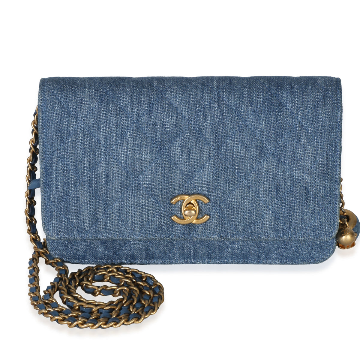 Chanel Blue Denim Quilted CC Pearl Crush Wallet On Chain Handbag fv