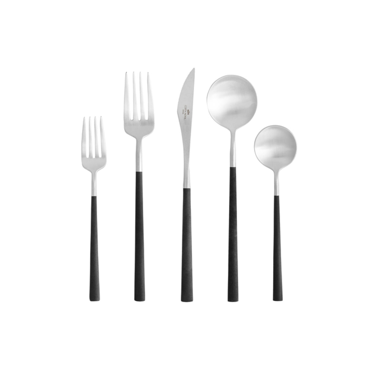 Front view of Mito Collection Flatware Set showcasing five pieces with brushed stainless steel and black cable-style handles on white