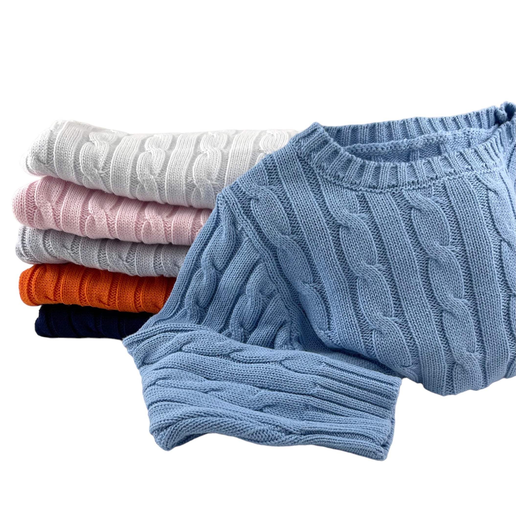 Cable Crewneck Knit Sweater in Light Blue