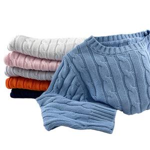 Cable Crewneck Knit Sweater in Medium Blue
