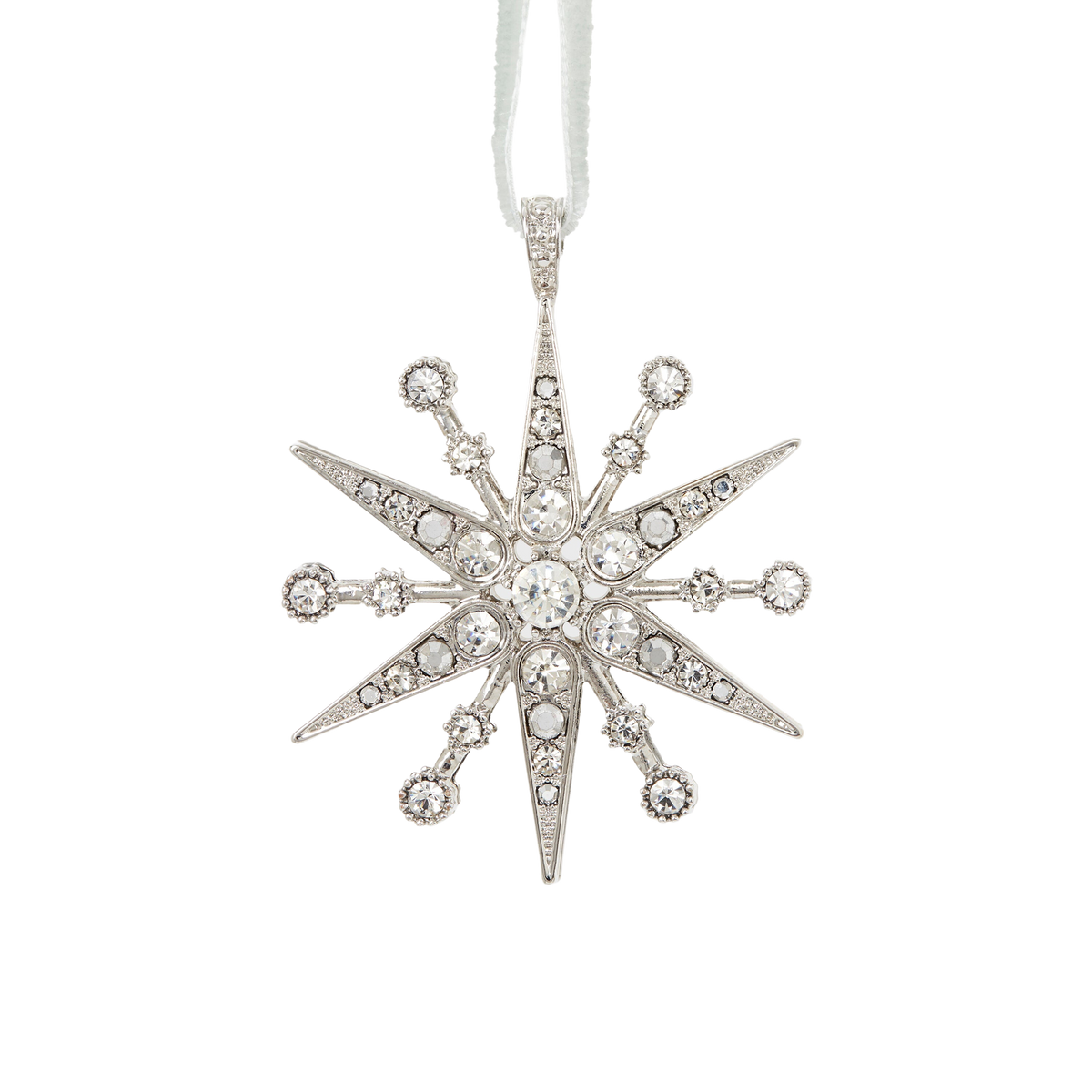 Front view of Deco Snowflake Hanging Ornament in Crystal showcasing silver crystal stones and velvet ribbon against a black background