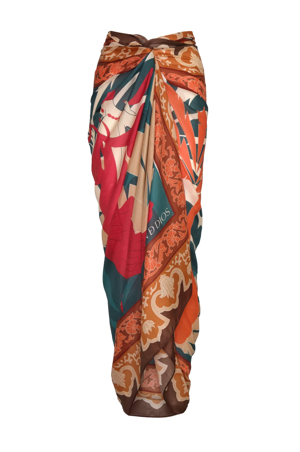 Front view of De La Falaise Cotton Silk Sarong in Peach Dancer showcasing multicolored floral print tied at the waist