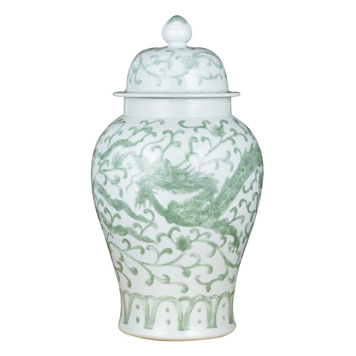 Celadon Vintage Temple Jar Dragon Lotus Motif