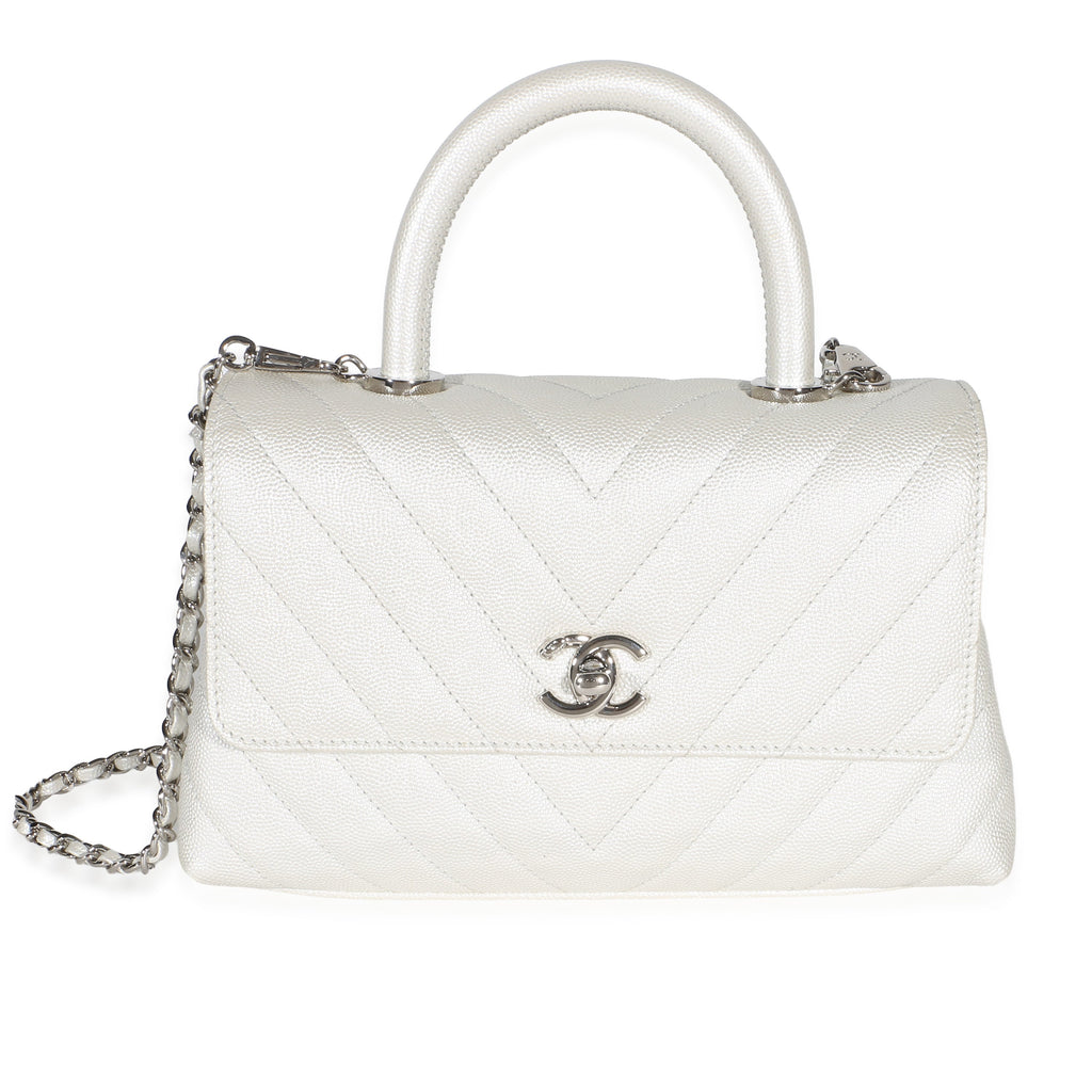 Chanel Silver Chevron Caviar Mini Coco Top Handle Bag Handbag id