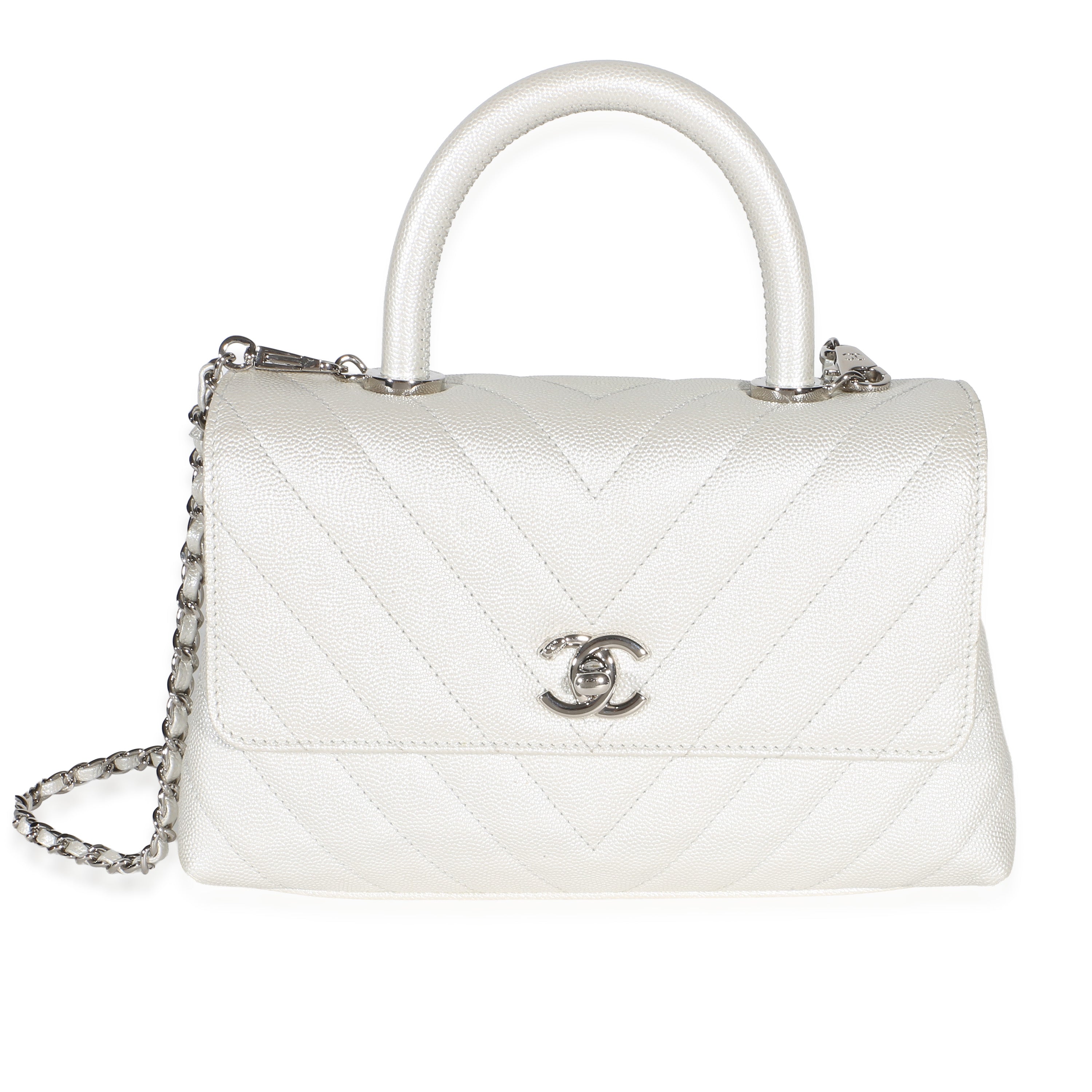 Chanel Silver Chevron Caviar Mini Coco Top Handle Bag Handbag id