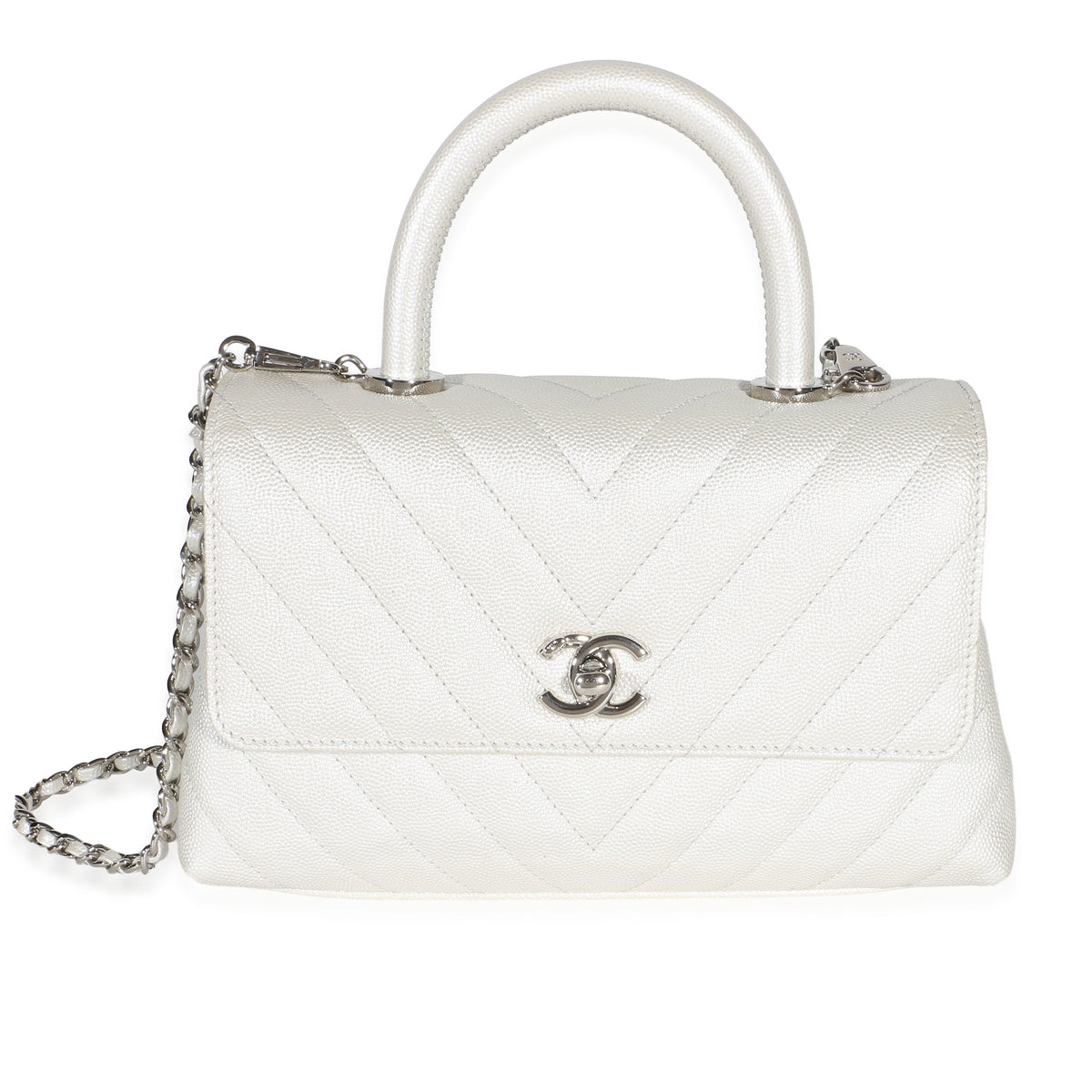 Chanel Silver Chevron Caviar Mini Coco Top Handle Bag Handbag id