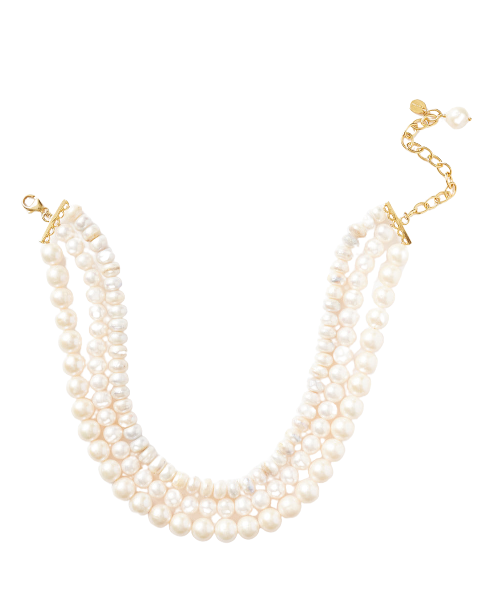 Front view of Freshwater Pearl Collar Necklace showcasing layered white freshwater pearls and adjustable gold chain
