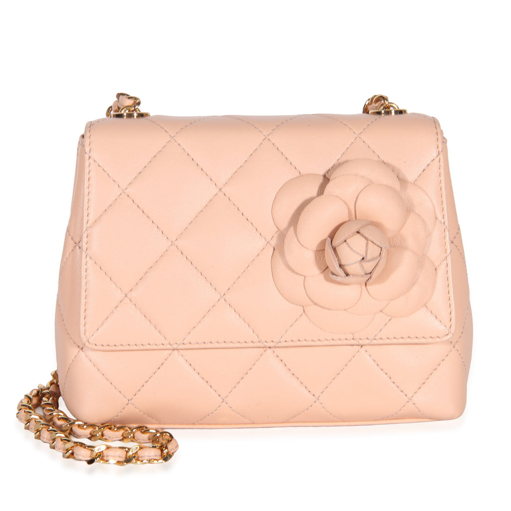 Chanel Vintage Pink Peach Quilted Lambskin Camellia Mini Flap Bag Handbag id