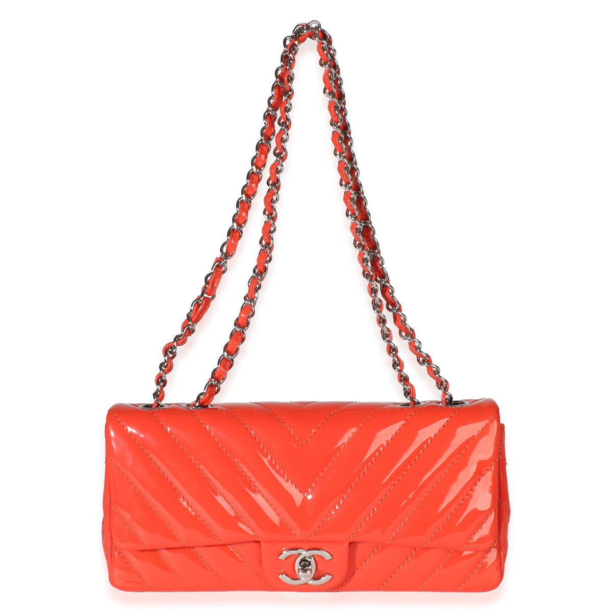 Chanel Orange Chevron Patent East West Single Flap Bag Handbag 8