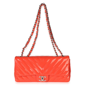 Chanel Orange Chevron Patent East West Single Flap Bag Handbag 8
