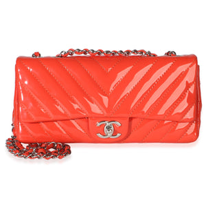 Chanel Orange Chevron Patent East West Single Flap Bag Handbag fv
