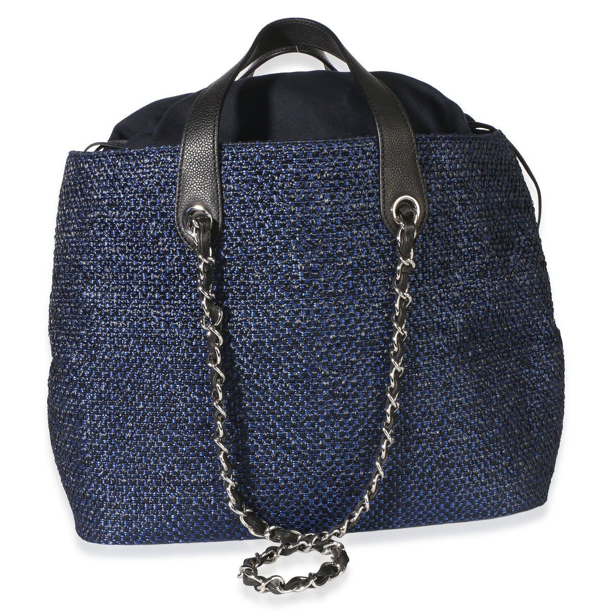 Front view of Chanel Navy Blue Raffia CC Expandable Shopping Tote showcasing blue raffia and silver-tone hardware