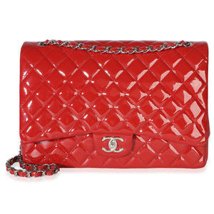 Chanel Red Quilted Patent Maxi Classic Double Flap Bag Handbag fv