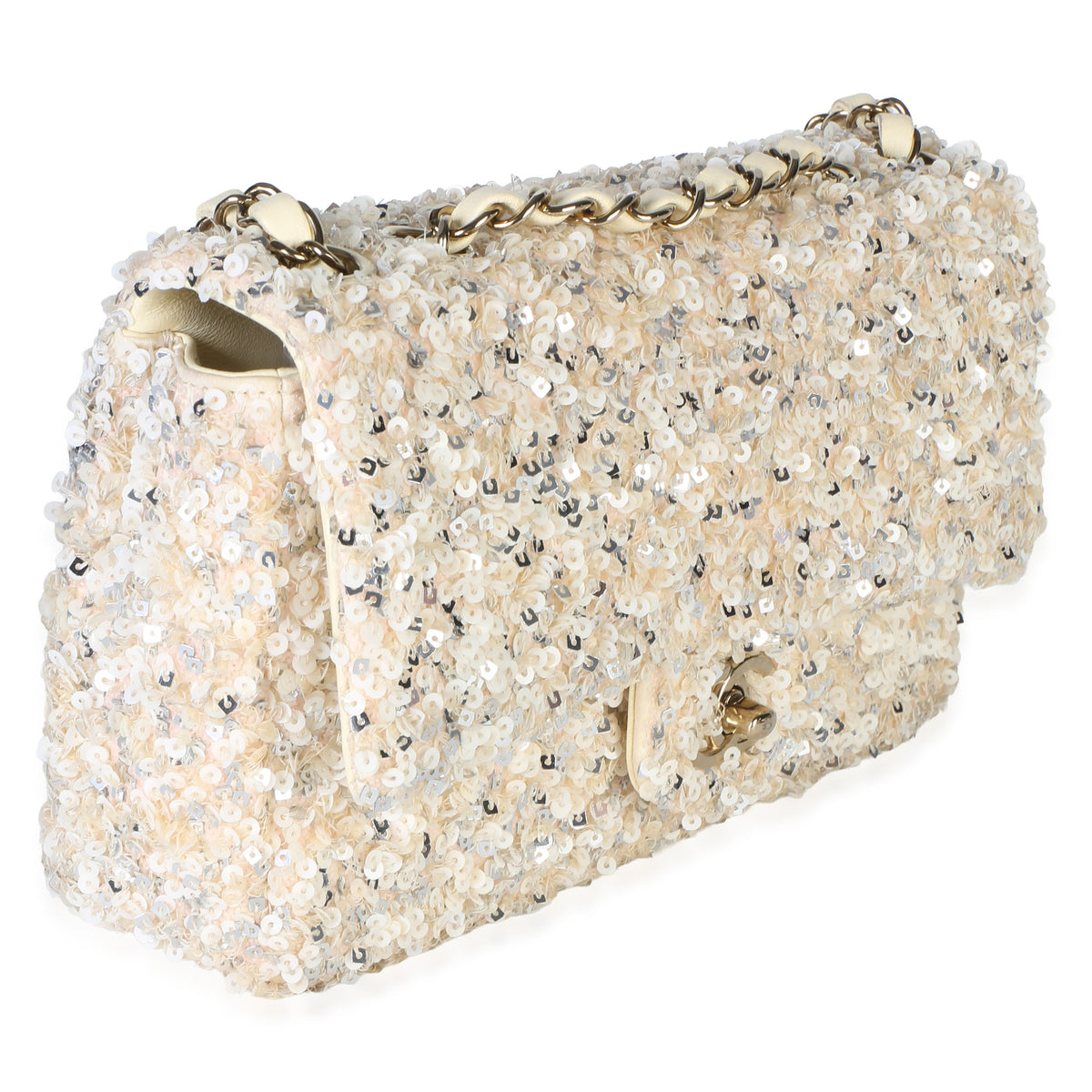 Chanel Cream Silver Sequin Small Single Flap Bag Handbag 3