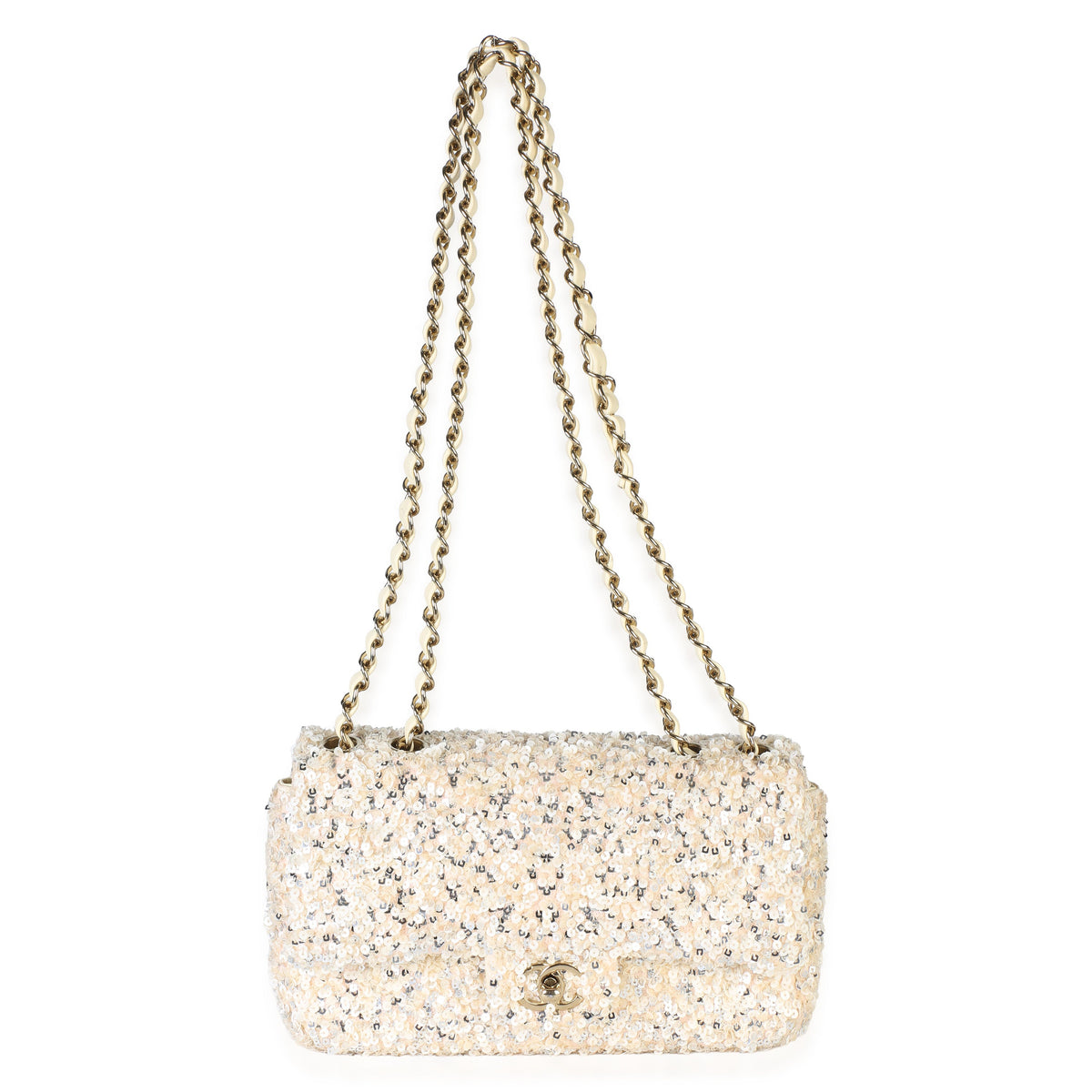 Chanel Cream Silver Sequin Small Single Flap Bag Handbag 8