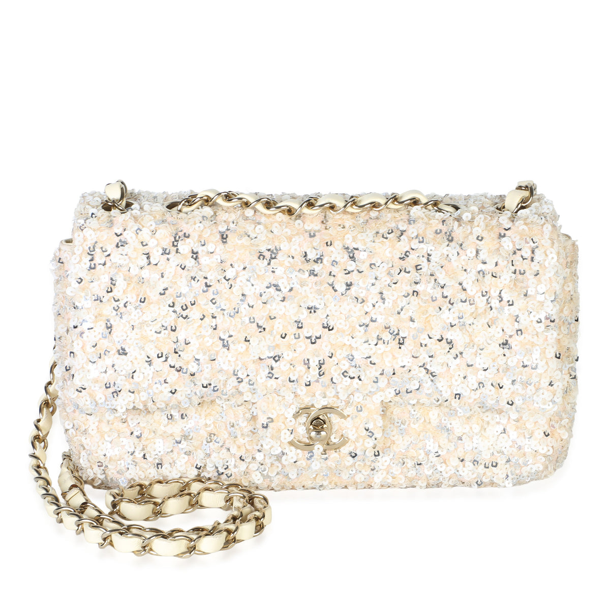 Chanel Cream Silver Sequin Small Single Flap Bag Handbag fv