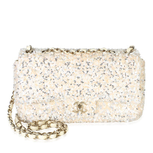 Chanel Cream Silver Sequin Small Single Flap Bag Handbag fv