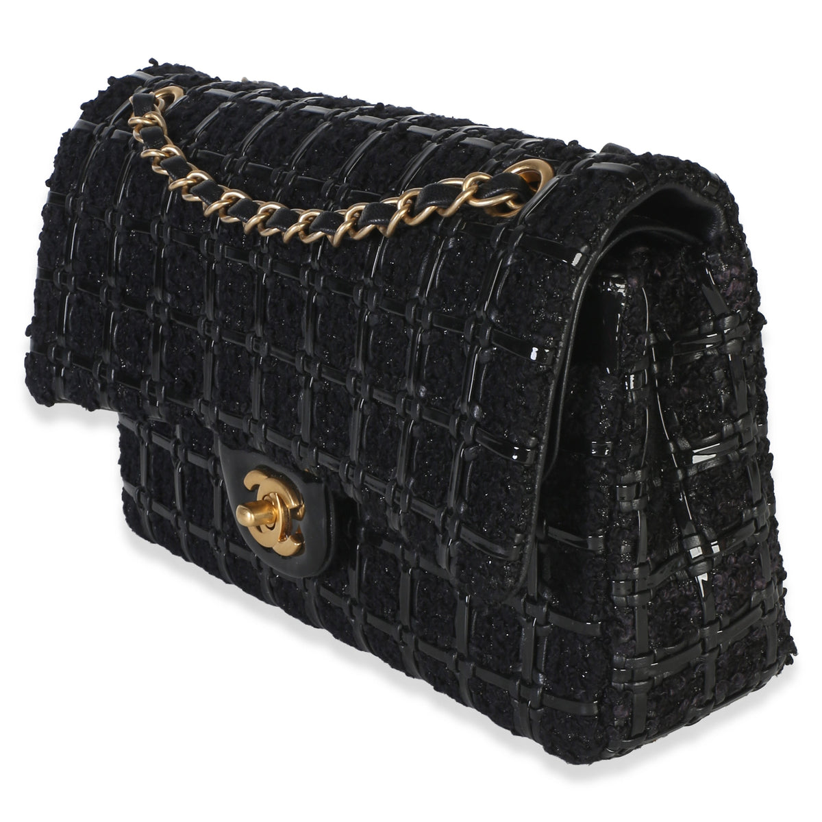 Chanel Black Tweed Woven Patent Medium Classic Double Flap Bag Handbag 2